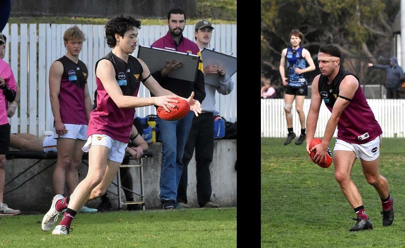Josh Docking kicks under the watchful eyes of Flynn Gregor and the injured duo of ruckman Jack Bell and forward Lachie Vaughan; a determined looking Peter Gleadhill on his return to the Senior side