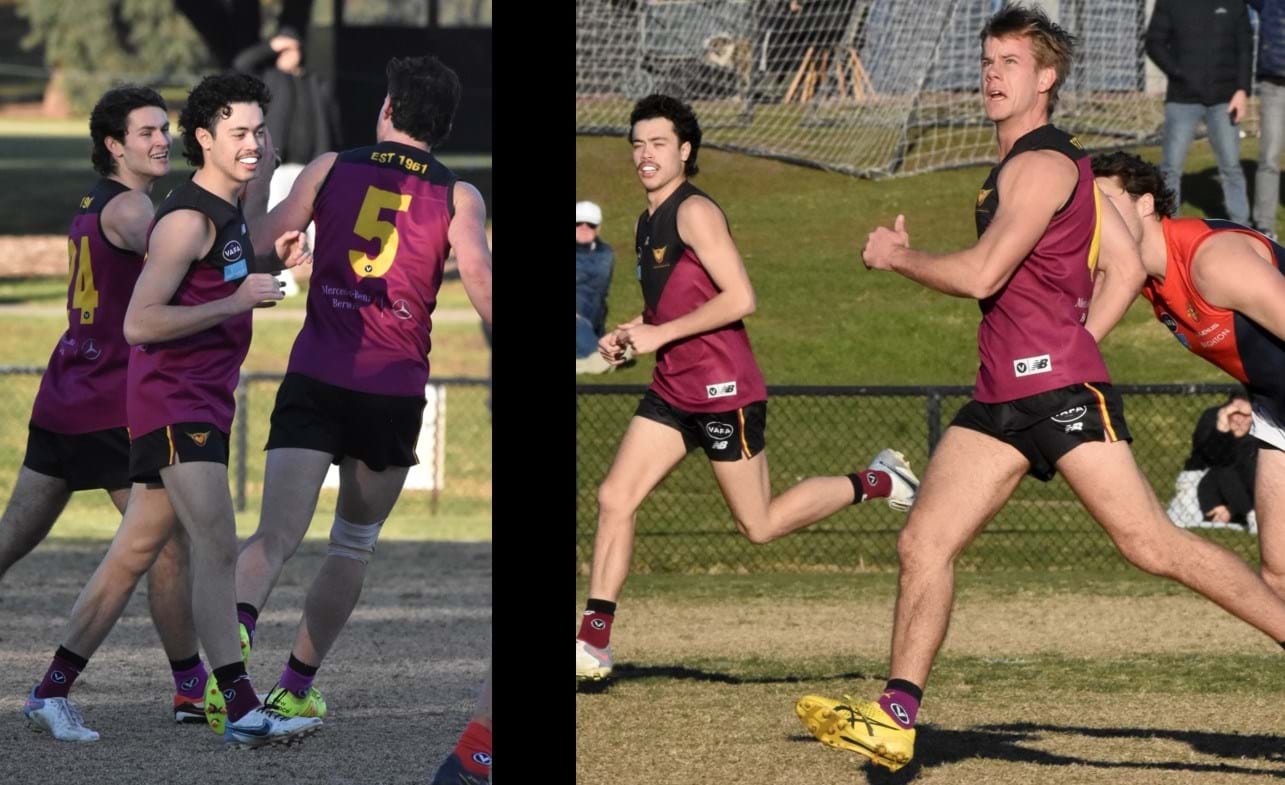 Josh Docking celebrates with Charlie Sinclair and Brede Seccull (5), then watches Mattias Rose in the midfield