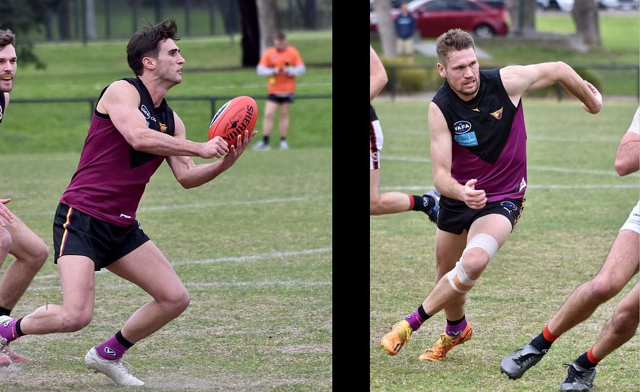 Will Fordham handballs and Sam Gilbert in pursuit early in the senior game against Old Xavs