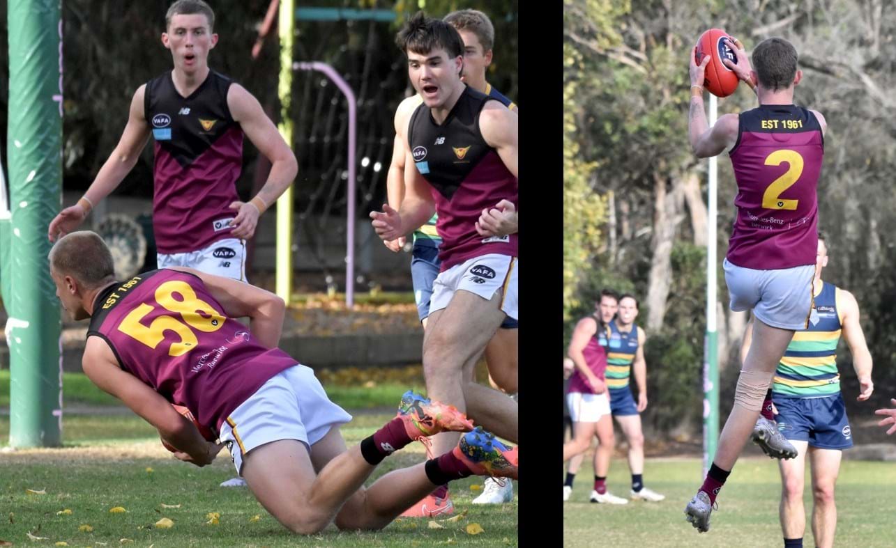 Lachlan Giliam (58) dives to collect ahead of James Connell and Josh Gasparini; Connell (2) takes a safe overhead mark
