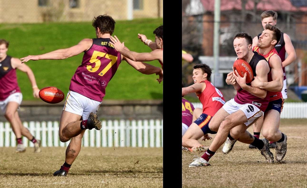 Lachie Riley (57) kicks with his left foot, Jasper Russell takes a mark just ahead of his Scotch opponent