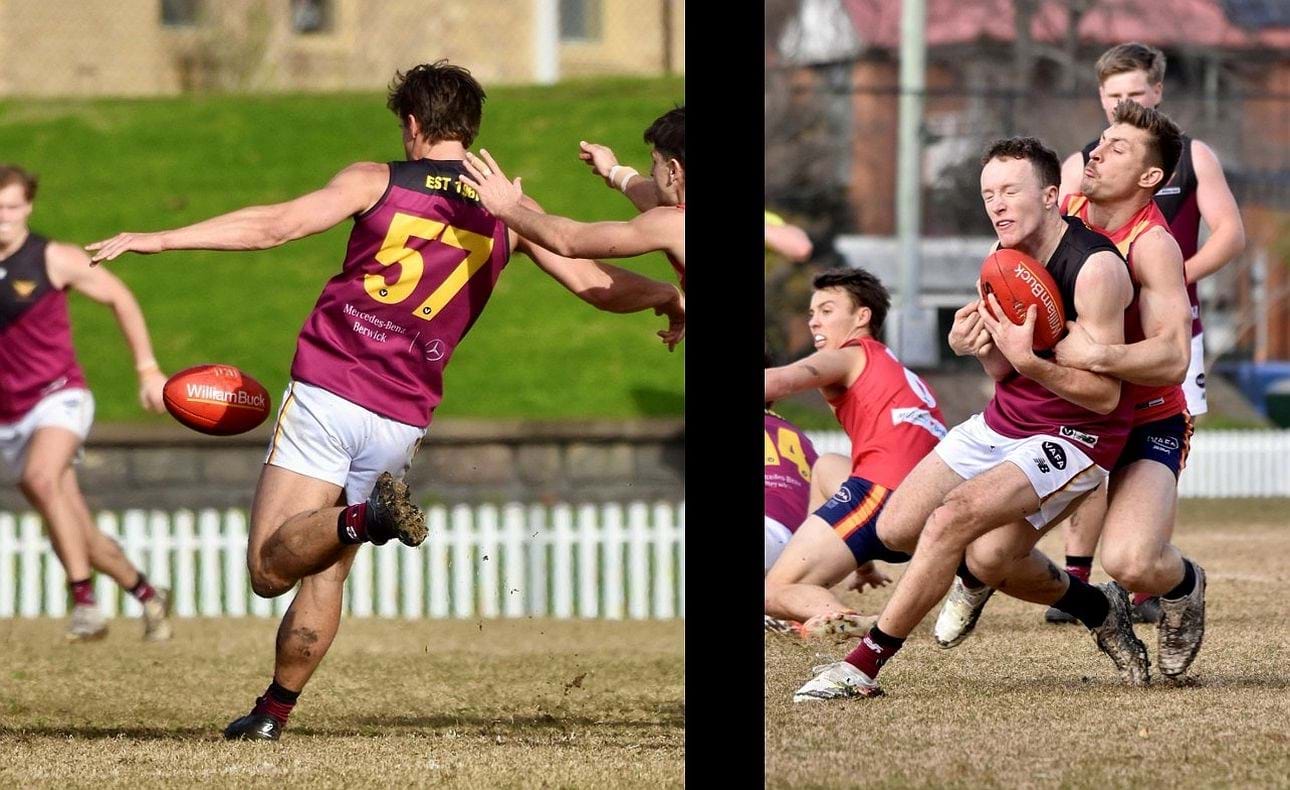 Lachie Riley (57) kicks with his left foot, Jasper Russell takes a mark just ahead of his Scotch opponent