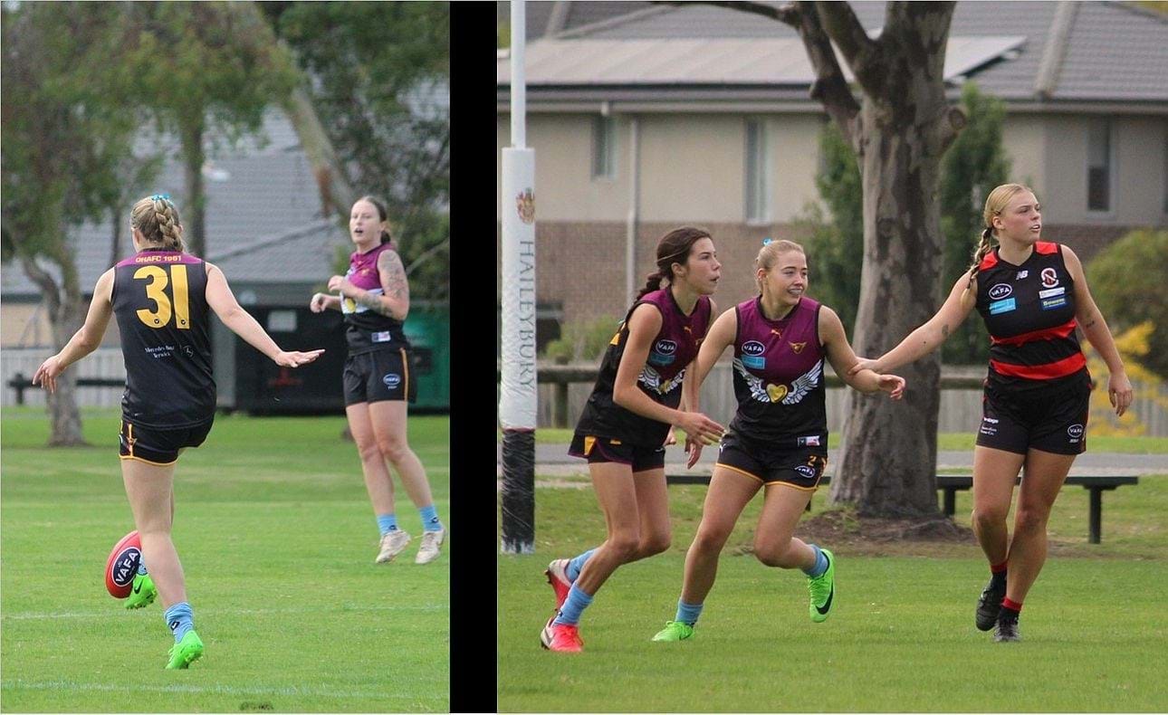 Eliza Main (31) takes her kick then helps out Izzy Atkins in defence
