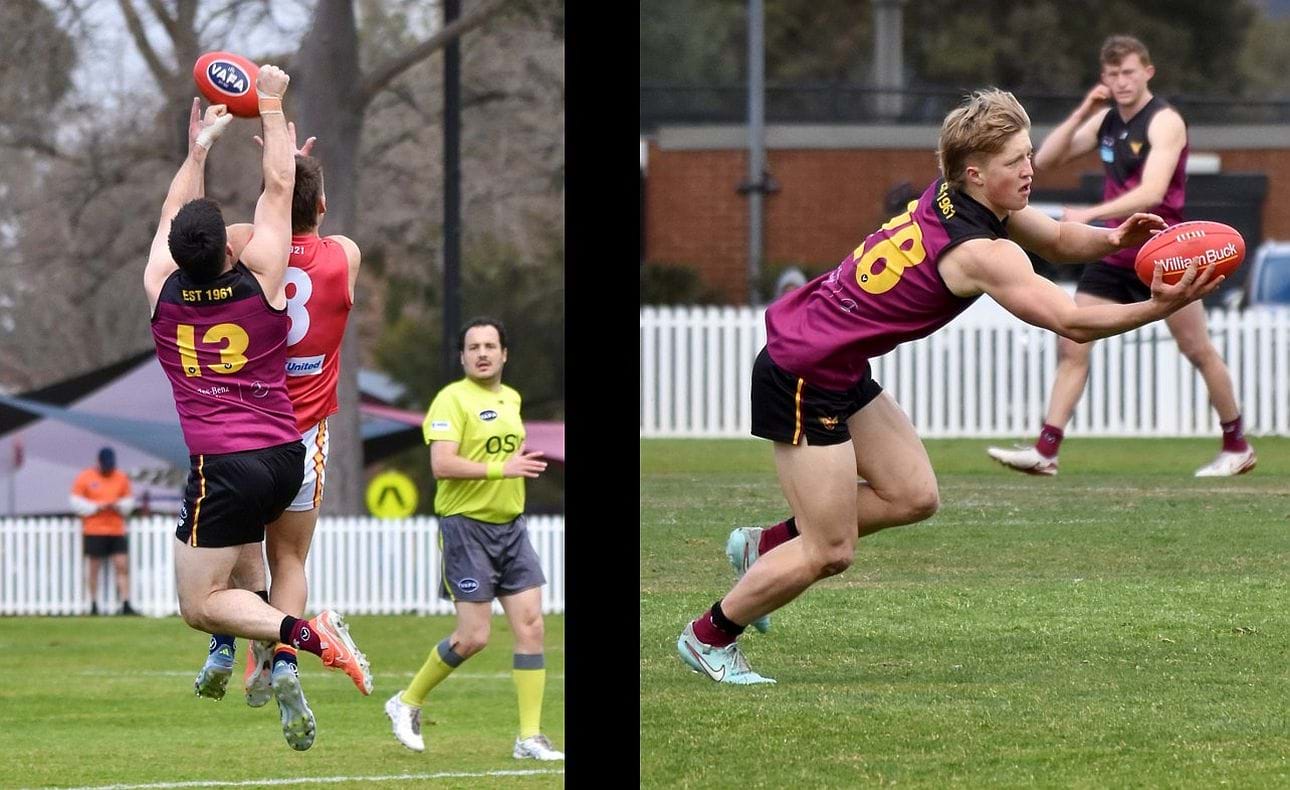 Jayce Morgan (13) marks strongly and Flynn Gregor (28) grasps control of the ball