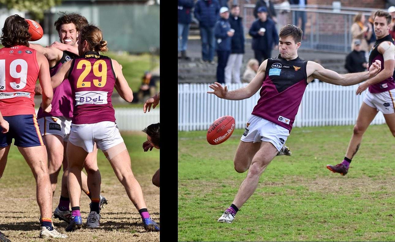 Jack Munro feels the heat in front of Will Paul (29) while Josh Gasparini has time to calmly take his kick under the watchful eye of Brodie Steele