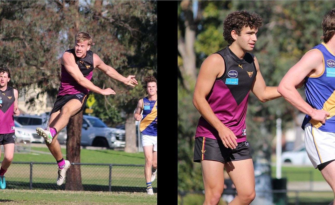 Mattias Rose with a clearing kick from the backline; Tom Antonis keeping a close watch on his Williamstown opponent