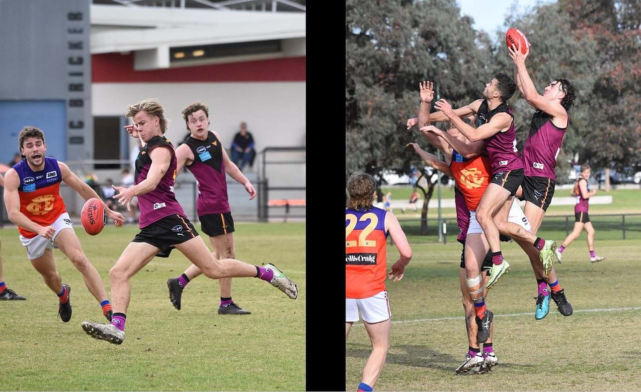 Mattias Rose about to deliver a raking left-foot kick and Nathan Dowsett shows great judgement to mark in the pack above team mate Sam Loewe