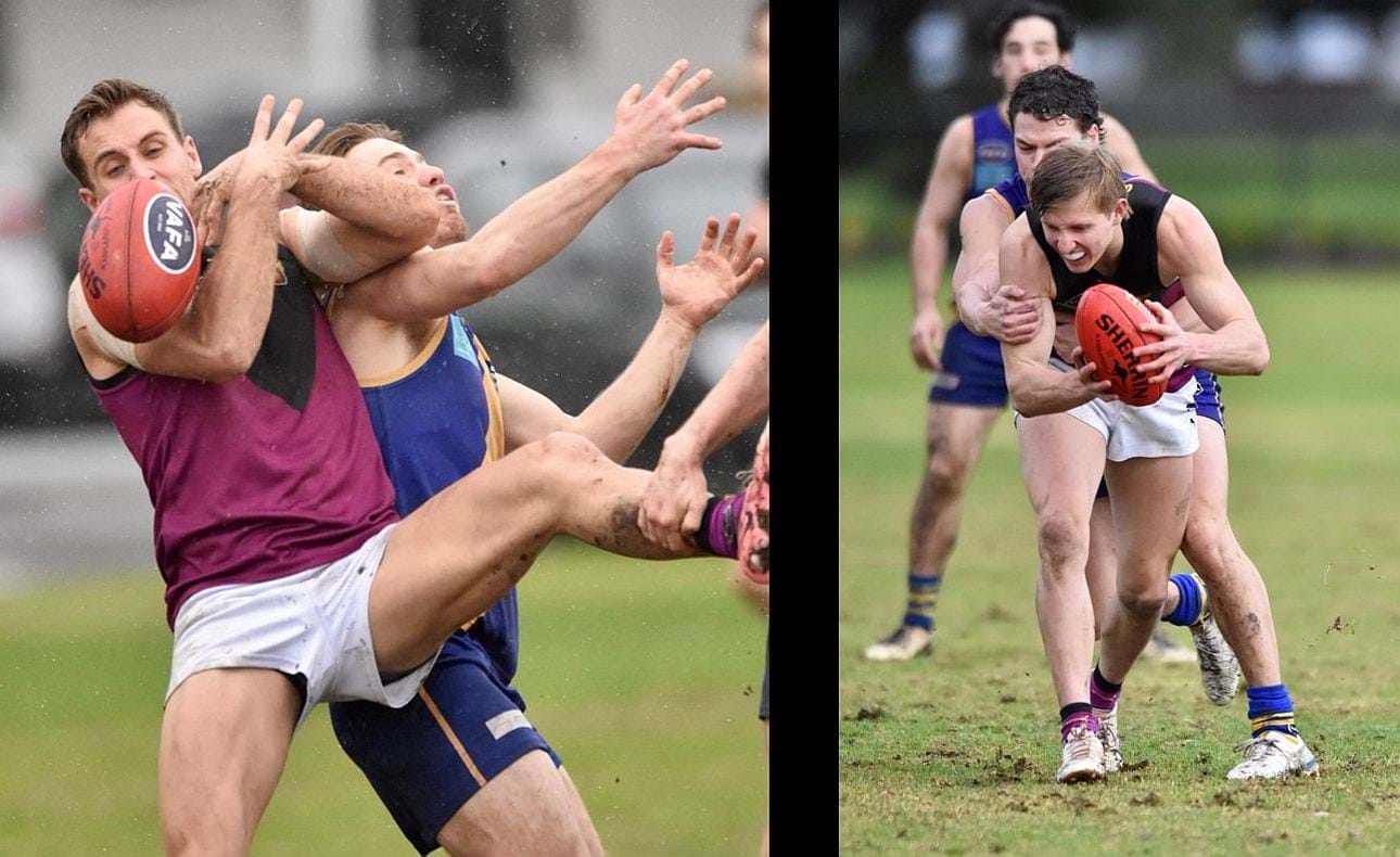 Brodie Steele and Charlie Harrop getting hands on the ball