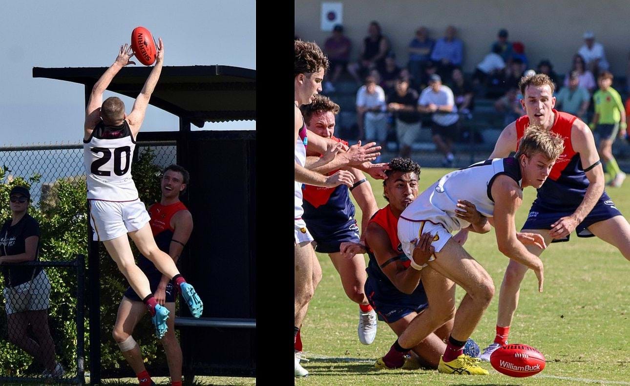 Dre Stefanakis on the stretch for a mark, Mattias Rose at ground level