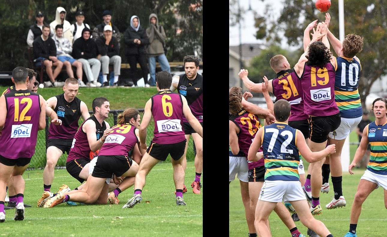 Will Paul (29) in the thick of things early in the game; Nathan Dowsett (19) and Dre Stefanakis (31) rise to the occasion