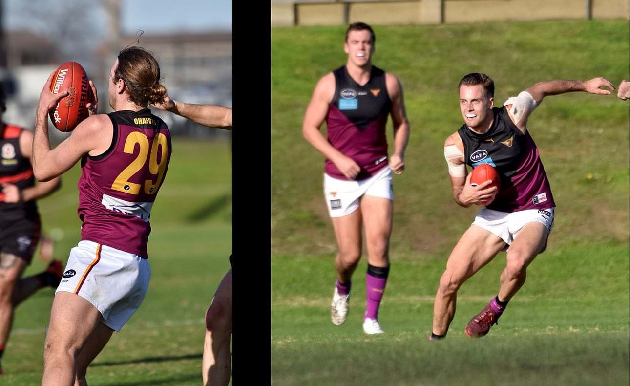 Will Paul (29) marks, Brodie Steele twists and turns with ruckman Lachie Treverton in the background