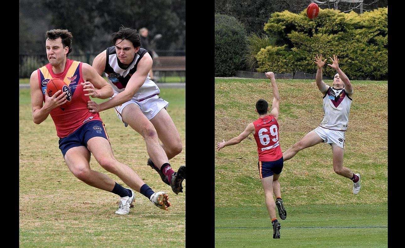 Defender Stuart Connolly in pursuit and, in a welcome return, forward Ben Hood takes a mark