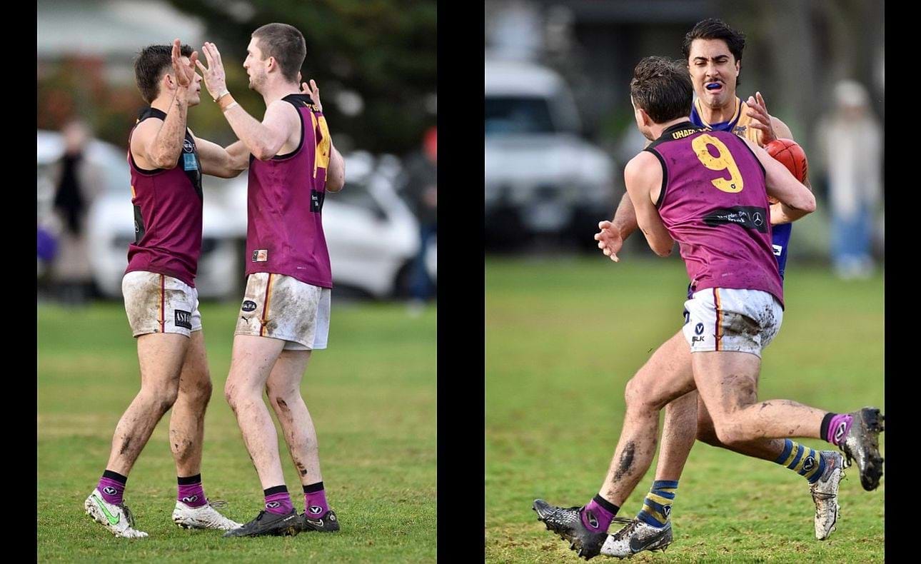 Connor Riley and Durras Seccull celebrate a goal, Peter Gleadhill braces for contact