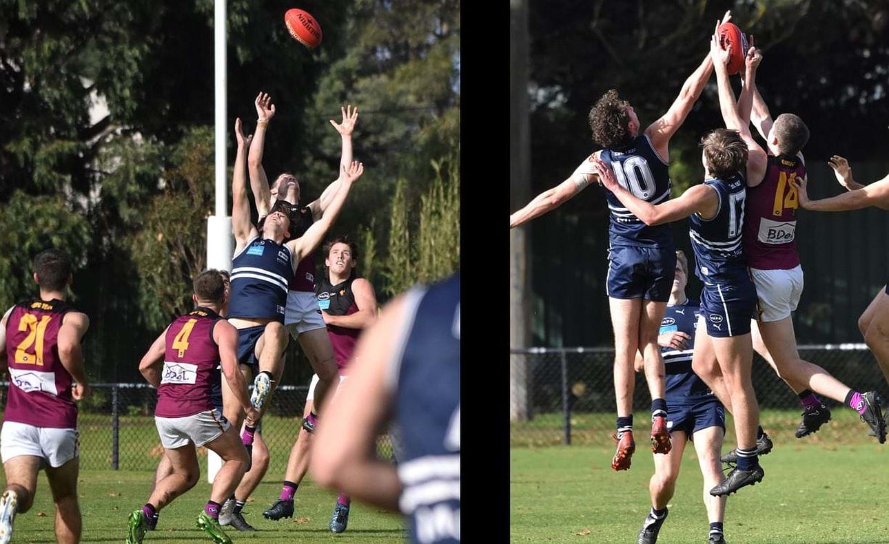 Durras Seccull (14) in leaping action, Charlie Sinclair (21) and Corey Rich (4) at ground level