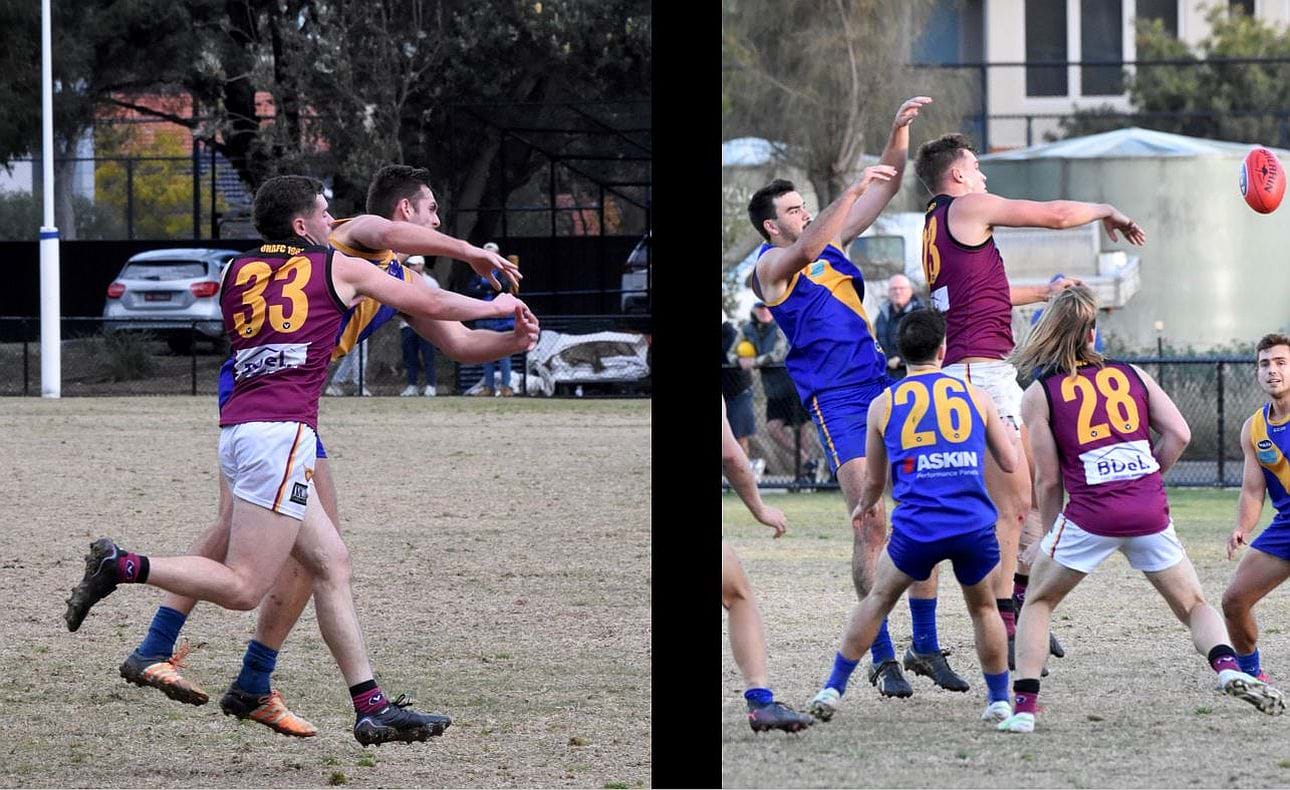 Milestone men Sam Hall-Kahan (33) in his 50th game and Lachie Treverton attempt to spoil