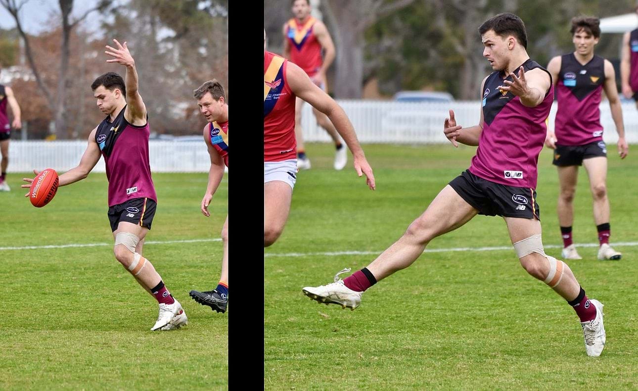 Olli Hotton was superb in the midfield all season and this game was no exception; here he kicks a checkside goal to put the Bloods back in the hunt