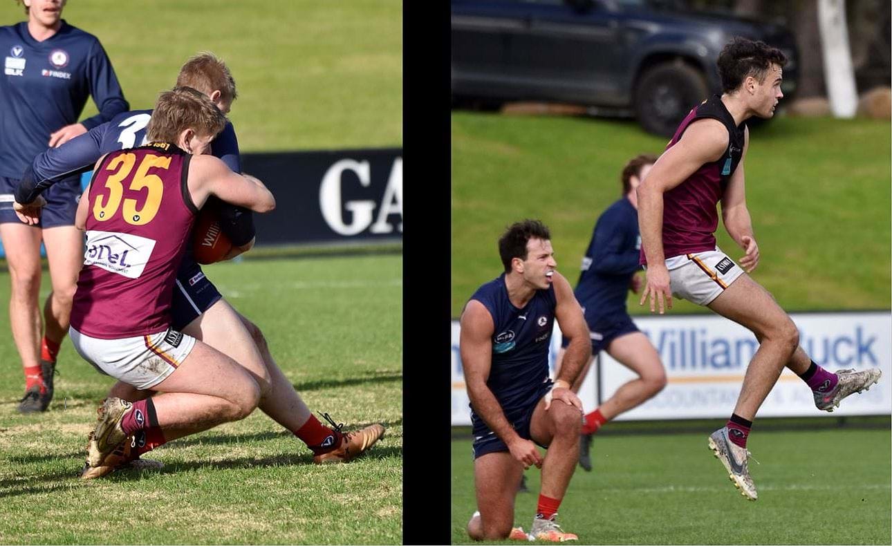 Liam Kirkwood-Scott (35) tackles strongly and Sam Loewe gets his kick away