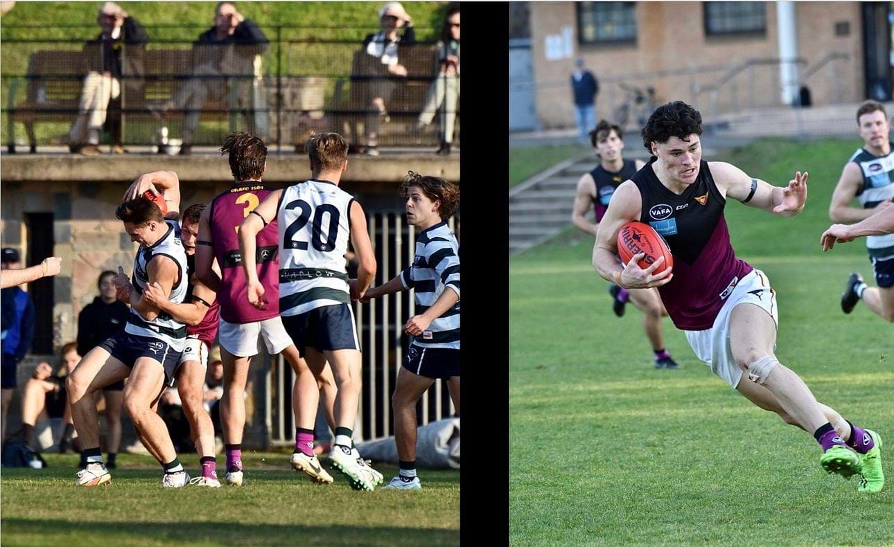Max Sinclair executing a tackle, Luke Bailey avoiding one