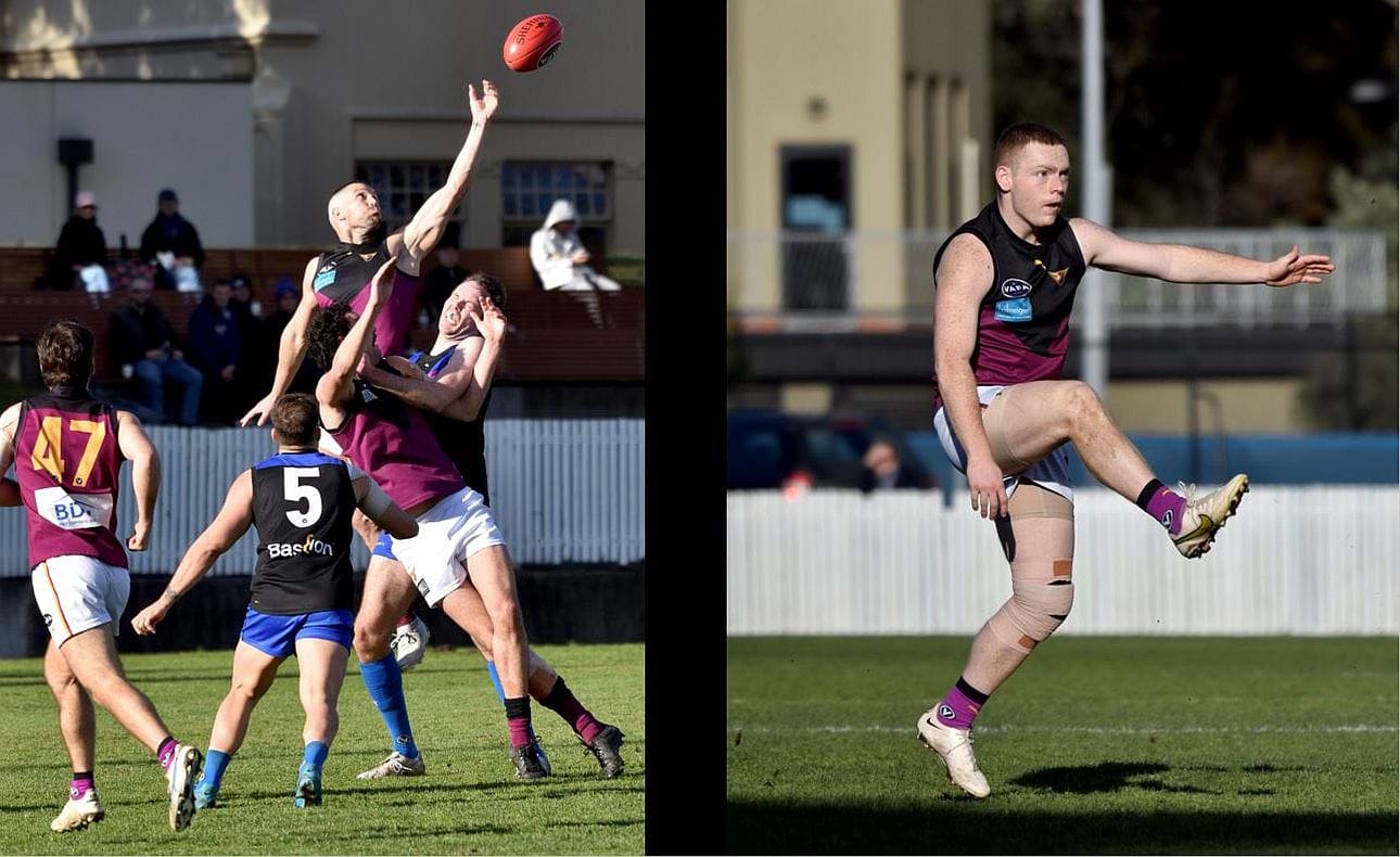 James Magner rises high above the pack, Charlie Sinclair (47) in front; Dre Stefanakis kicks on the run