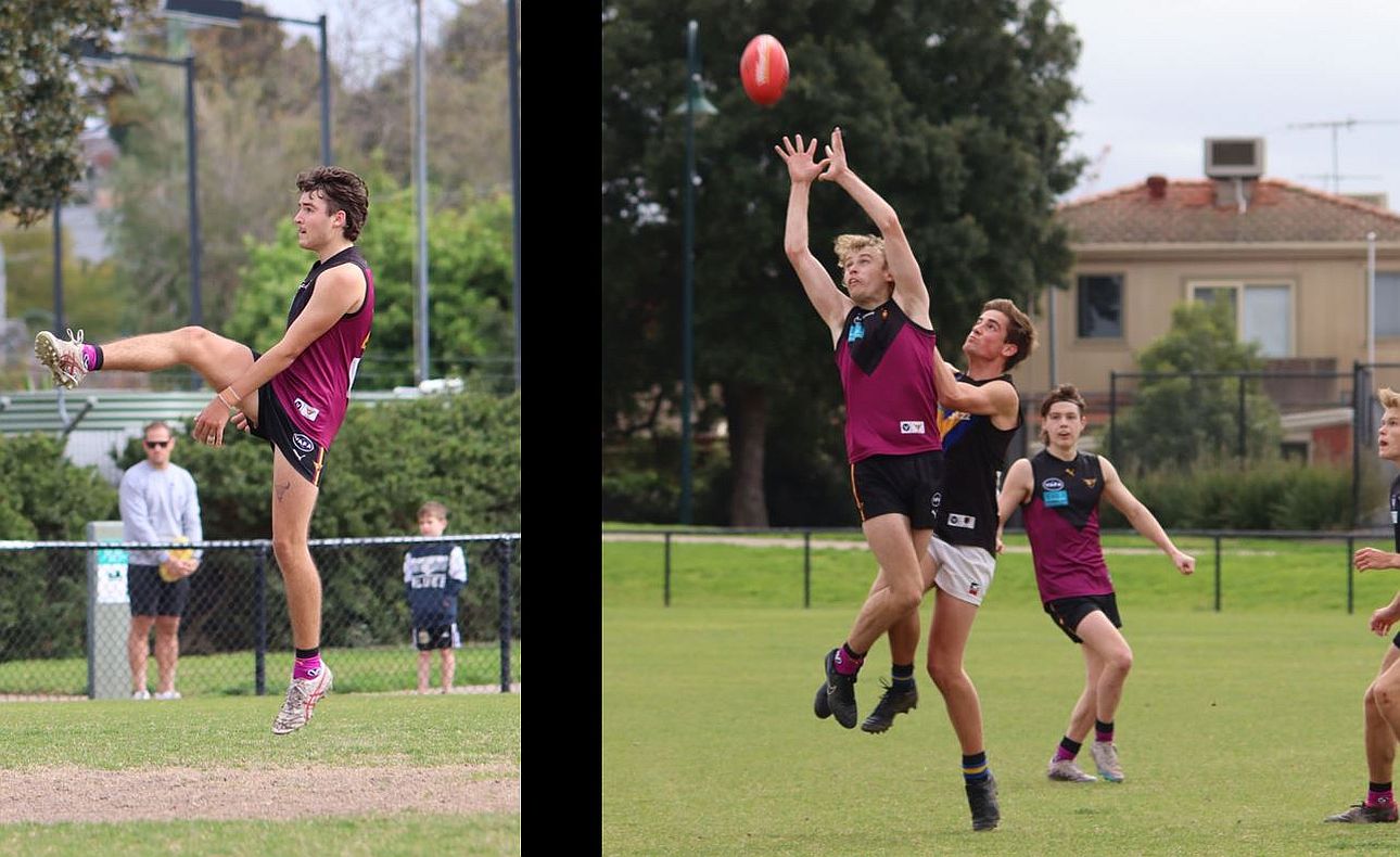 Liam Riedel shoots for goal; skipper Angus Bonwick stretches to mark