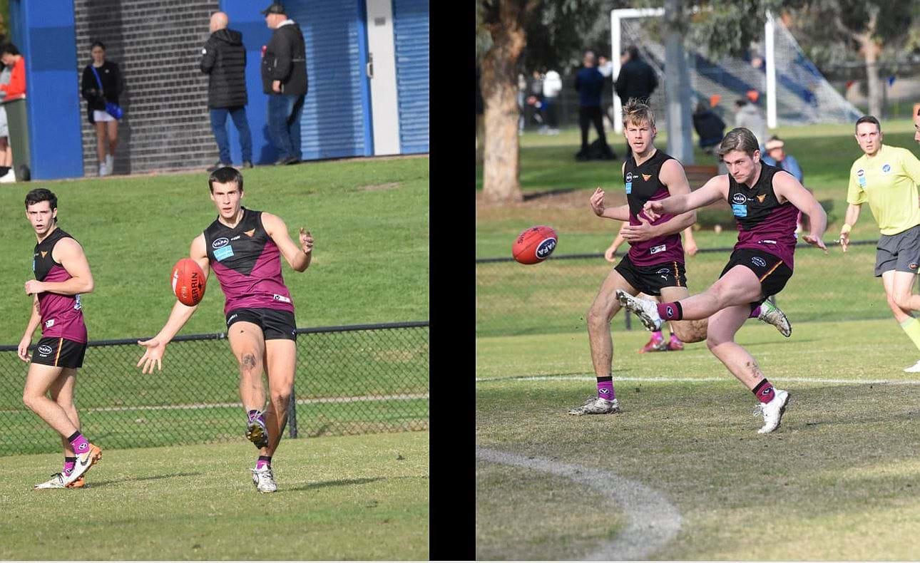 Clearing kicks from Lachie Riley and Liam Kirkwood-Scott