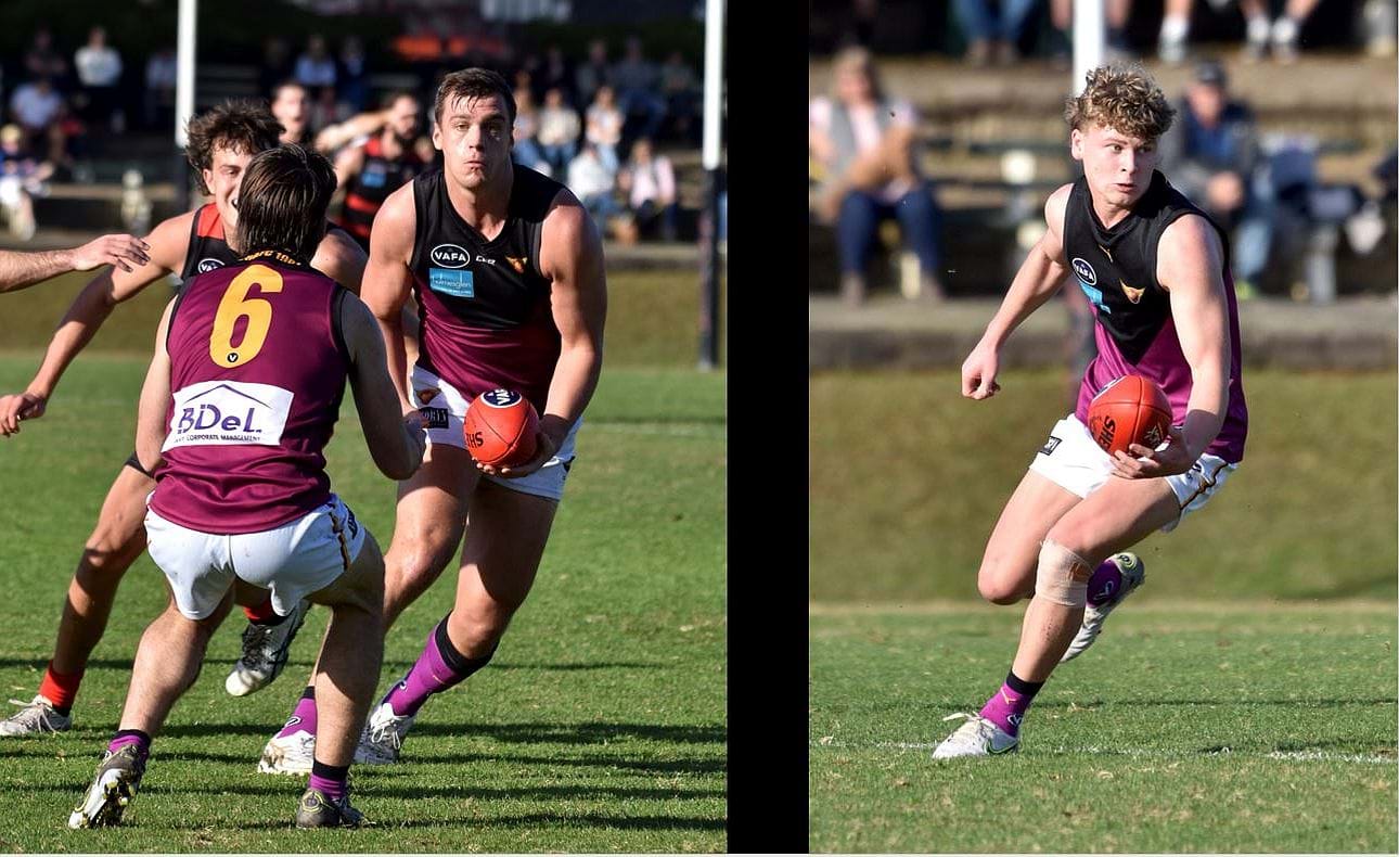 Lachie Treverton and Hugo Nosiara prepare to handball