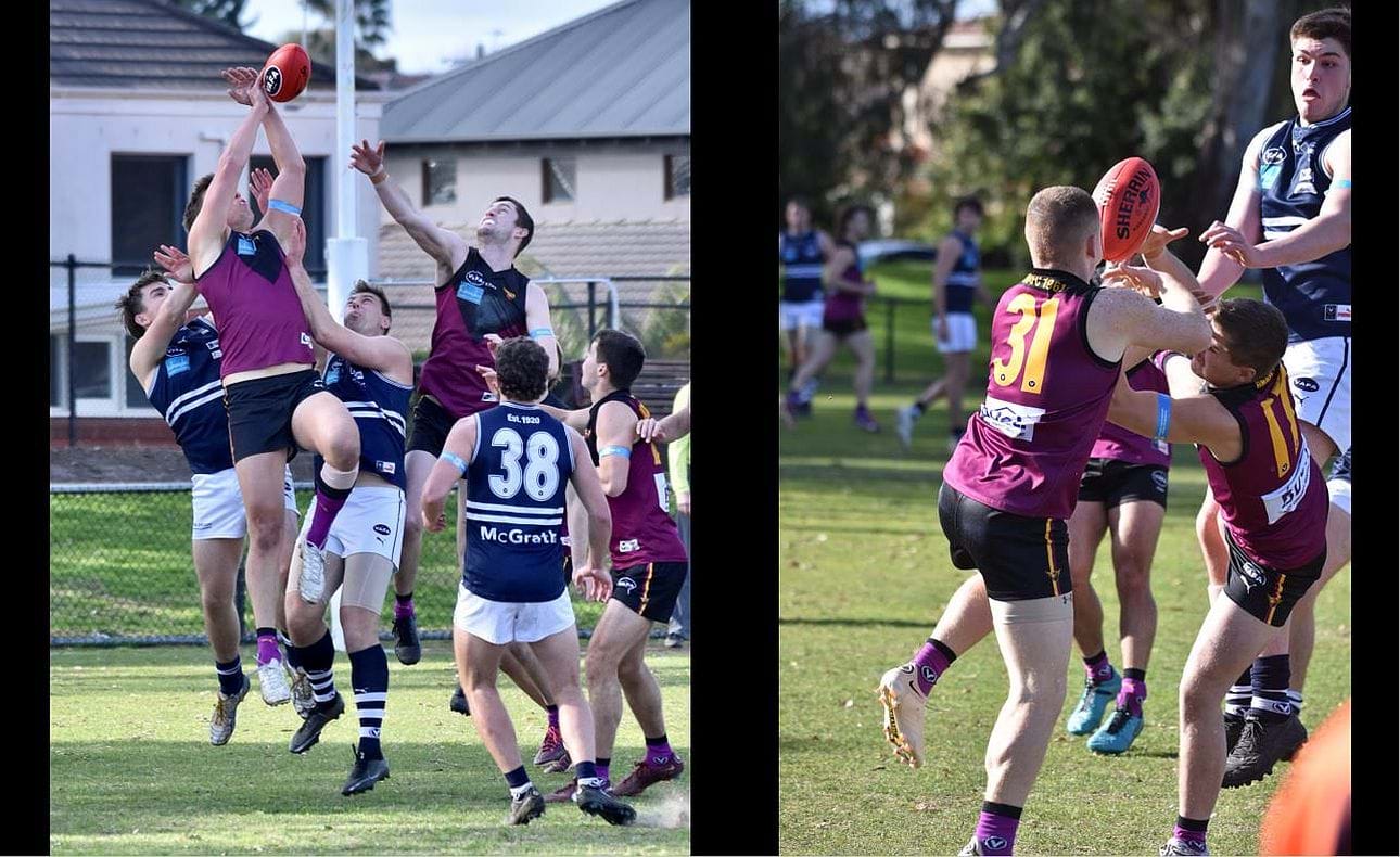 Lachie Treverton and Durras Seccull fly in the pack while Dre Stefanakis (31) and Liam Wood (17) compete closer to the ground