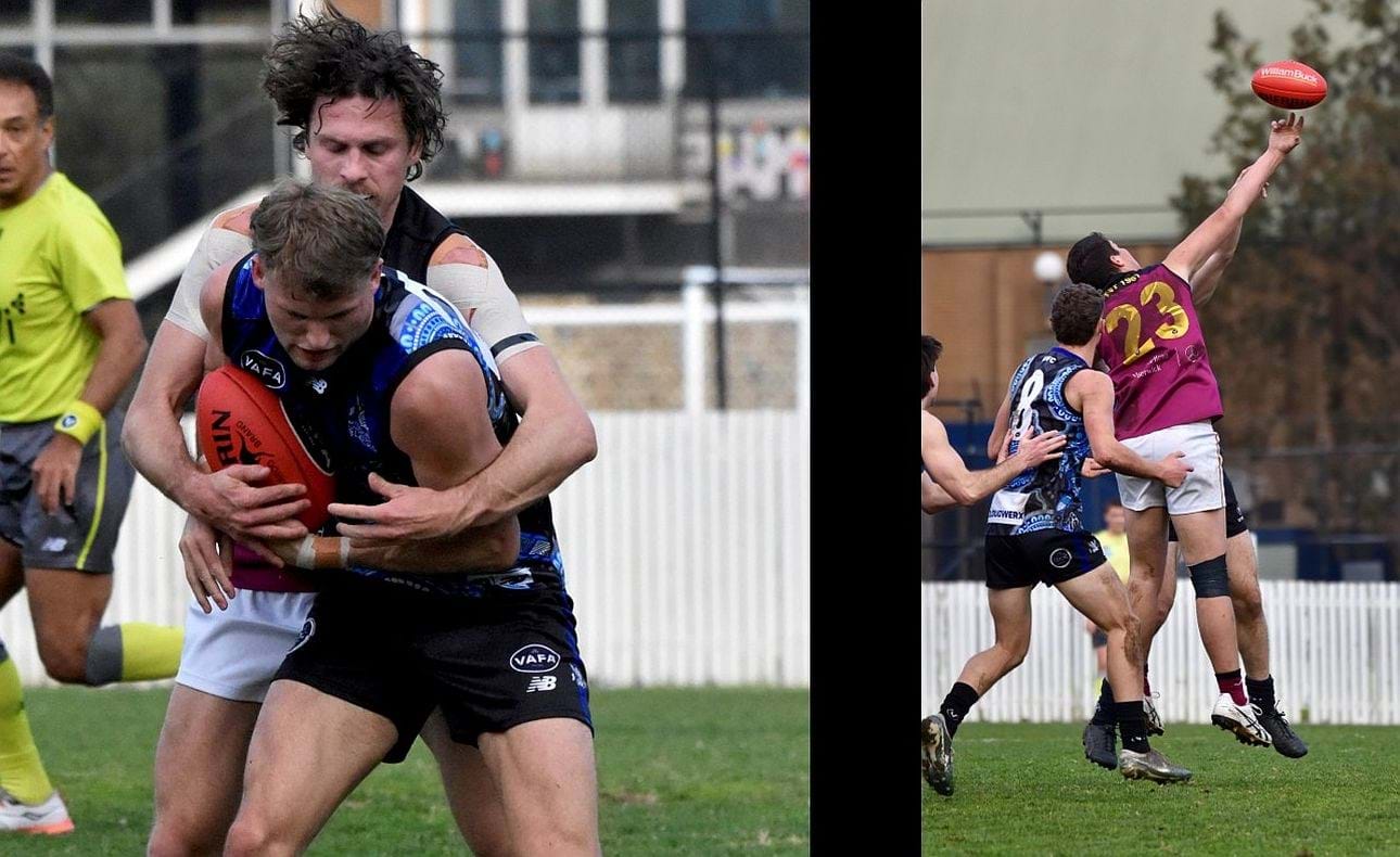 Best on ground Will Paul has his opponent all wrapped up; Ethan Hardeman (23) came into the team and provided a strong contest in the ruck