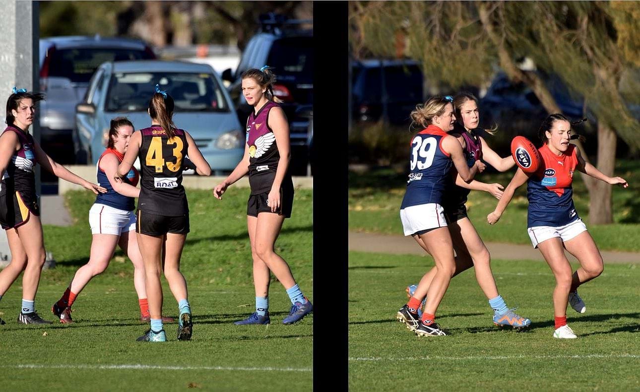Danielle Tegoni (43) watches the action and Jemima Shinsky is sandwiched