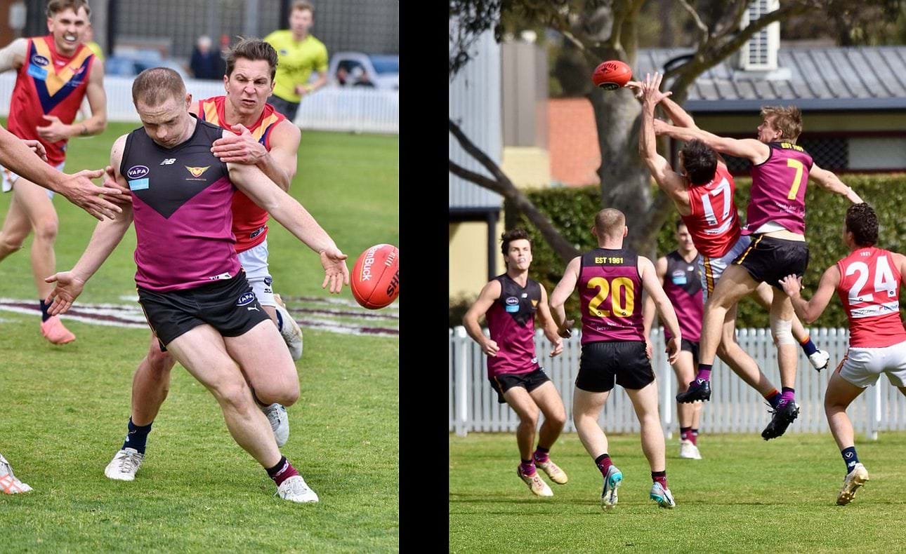 Dre Stefankis' 59 goals for the season saw him become the first OHAFC player to top the A Section goal-kicking despite plenty of attention from opposition defenders; at right he awaits the crumbs from Mattias Rose's spoil