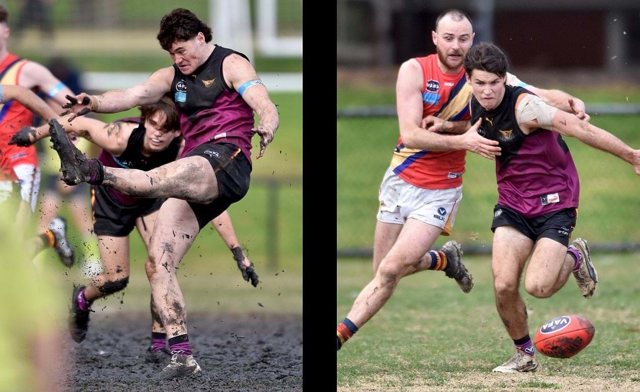 Luke Bailey clears from the mud while Charlie Sinclair leads the chase for the ball