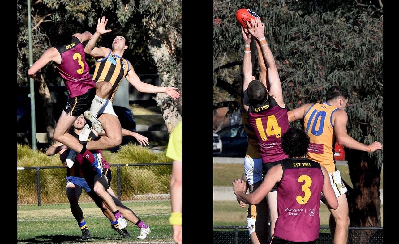 Jack Bell (3) leaps in the ruck then watches the long arms of Durras Seccull (14) reach for the ball