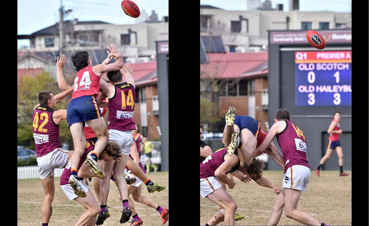 The Old Scotch flyer discovers that what comes up must come down as he tumbles over Lachie Riley (42), Rayner Seccull at the base of the pack and Durras Seccull (14)