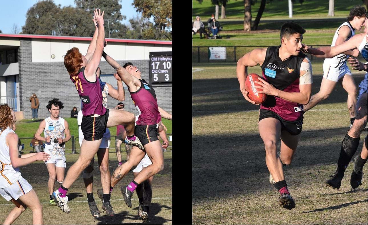 Justin Davies (71) flies and Jack McHale heads forward