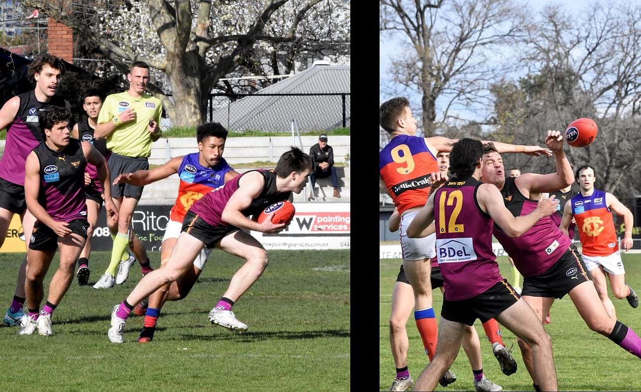 Josh Gasparini makes a break for it while Lachie Treverton and Kye Turner (12) raffle the ball