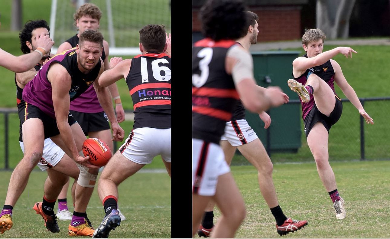 Sam Gilbert looks for a way out and Liam Kirkwood-Scott lets fly on the left boot