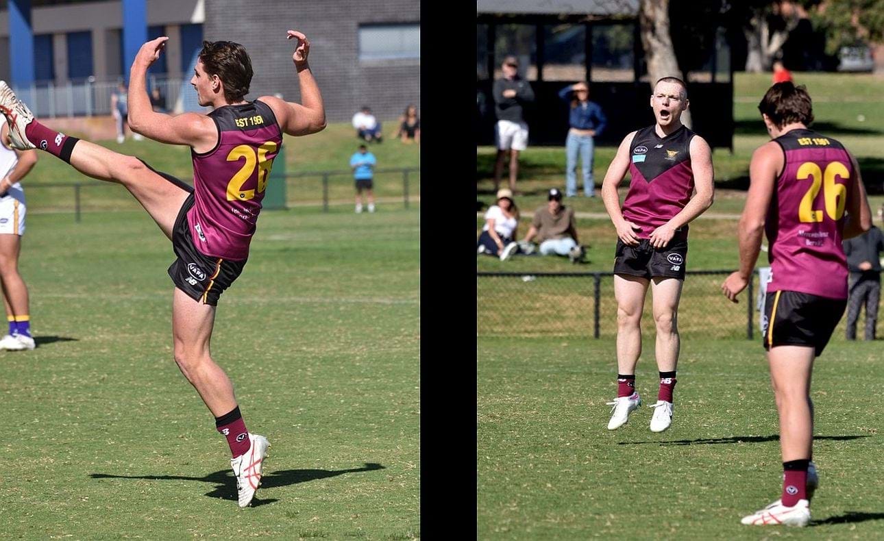 Foward Harrison Jones (26) kicks for goal and Dre Stefanakis celebrates one of his own