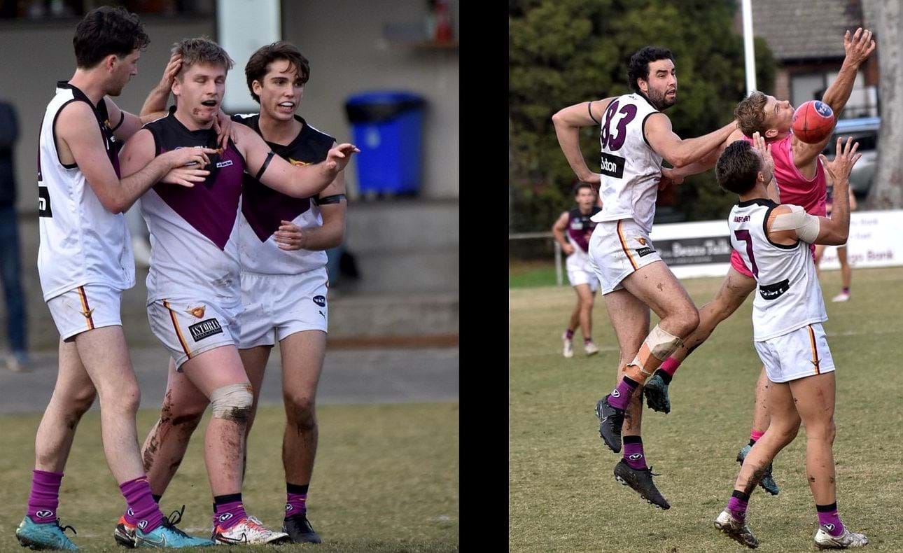 Liam Kirkwood-Scott receives the plaudits of Joel Constable and Noah Higgins; Jumping Jack Bell and Brodie Steele