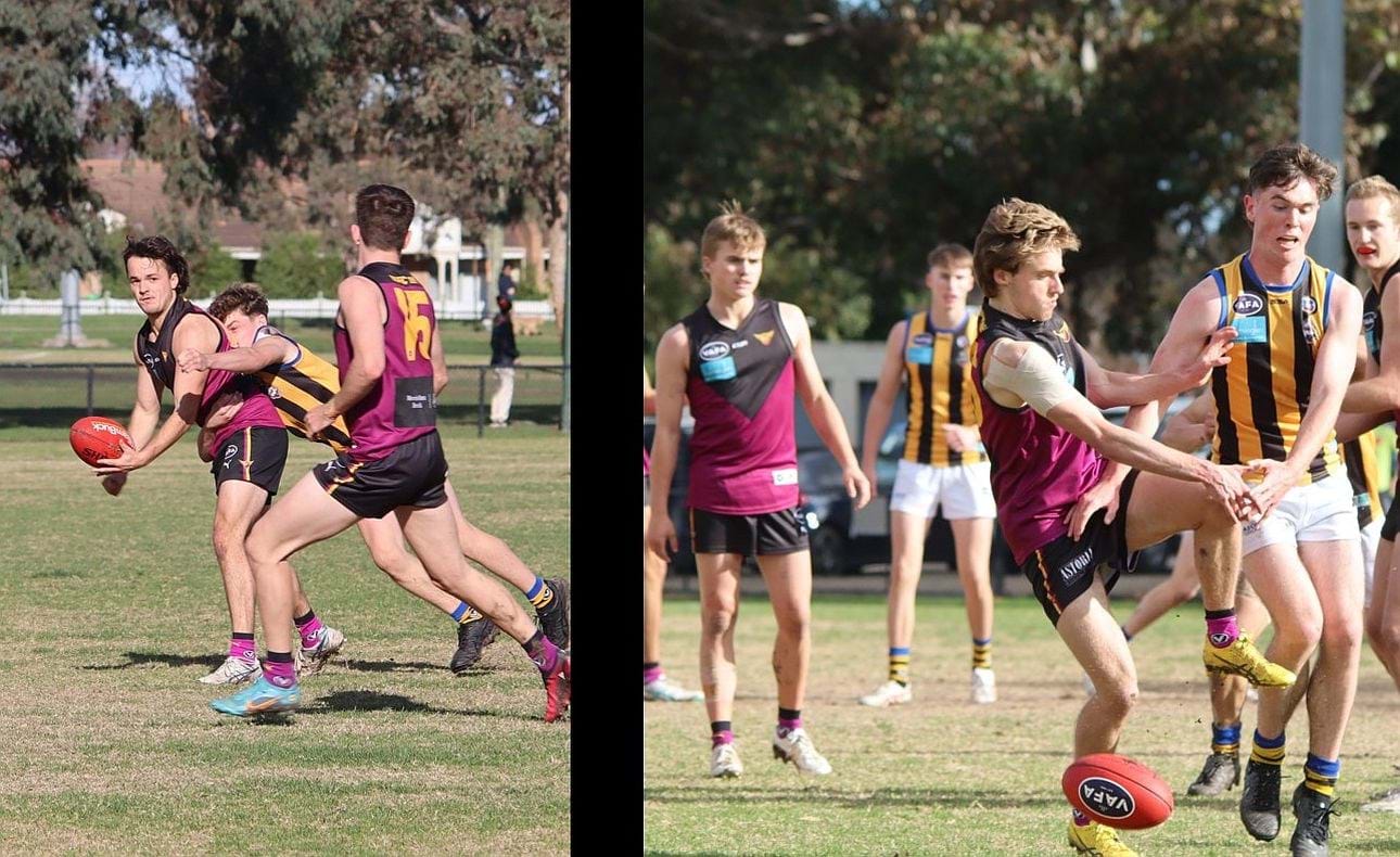 Mitch Gathercole about to shoot out a sneaky handball to team mates Alex Russell (15); Will Tuffley in the pack