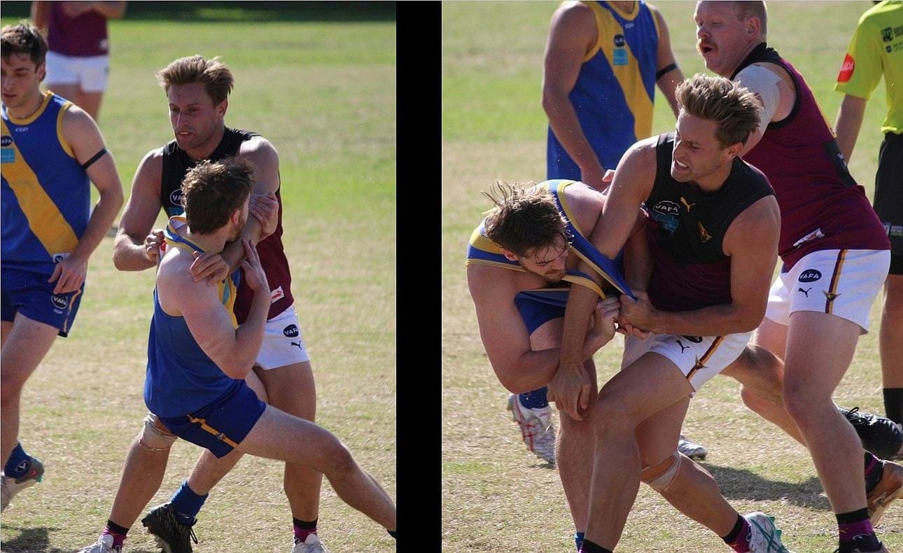 Reserves captain Cooper Nolan exerts muscle in the Reserves' Round 2 match against Beaumaris
