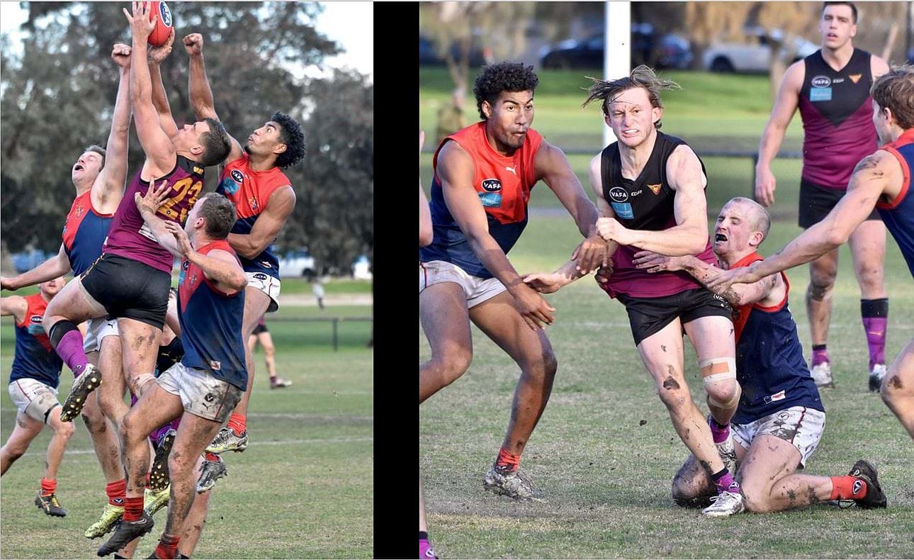 Lachie Treverton takes a fine contested mark but Rayner Seccull is surrounded by Old Brighton opponents
