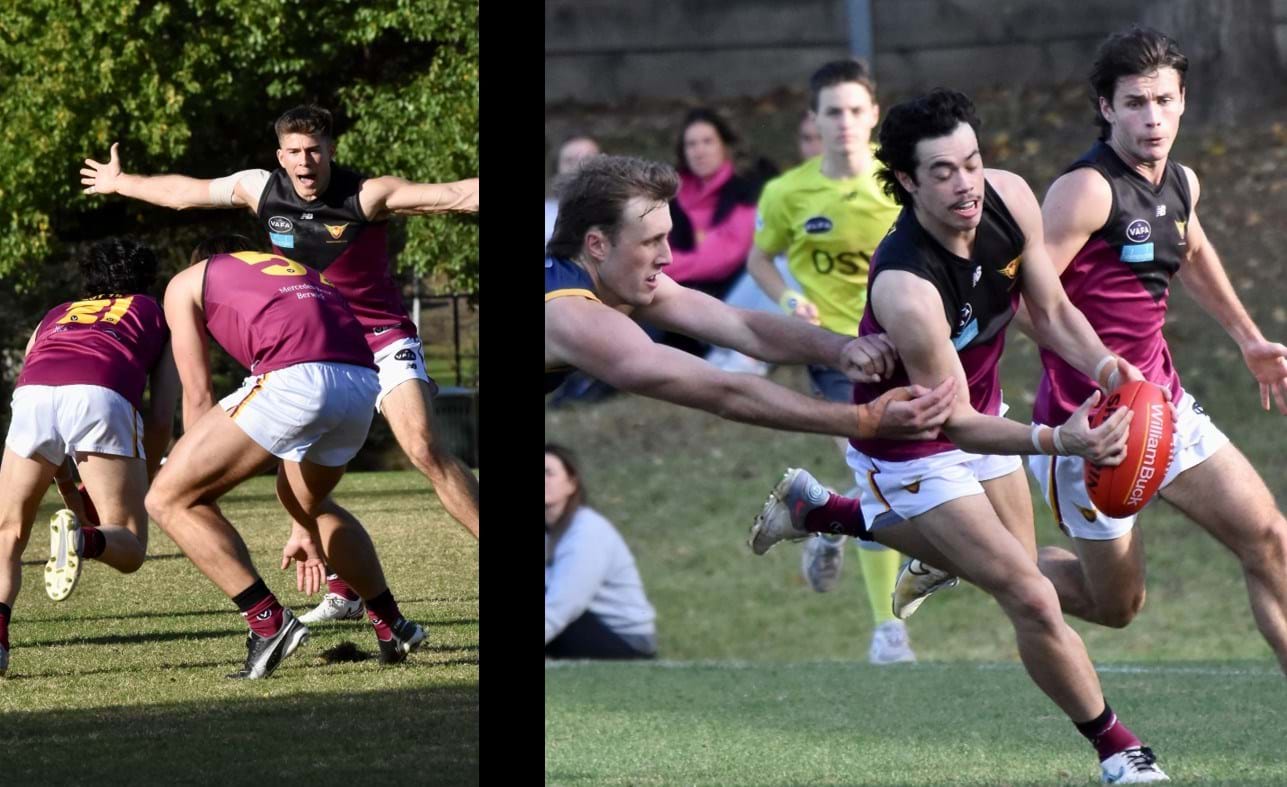 Josh Docking (21) with the Riley boys Lachie (57) and Connor; and on the run with Charlie Sinclair in support