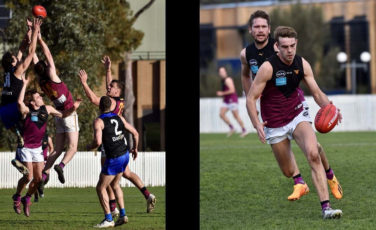 Durras Seccull fully extending for a mark above team mates Castan Racunica and Lachie Treverton; Will Gown gathers ahead of Sam Gilbert