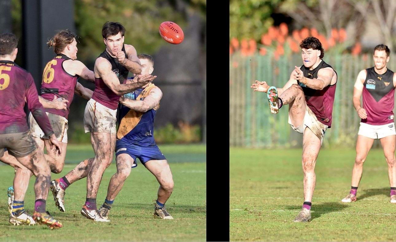 Josh Gasparini shoots out a handball, Luke Bailey kicks under the watchful eye of Brodie Steele