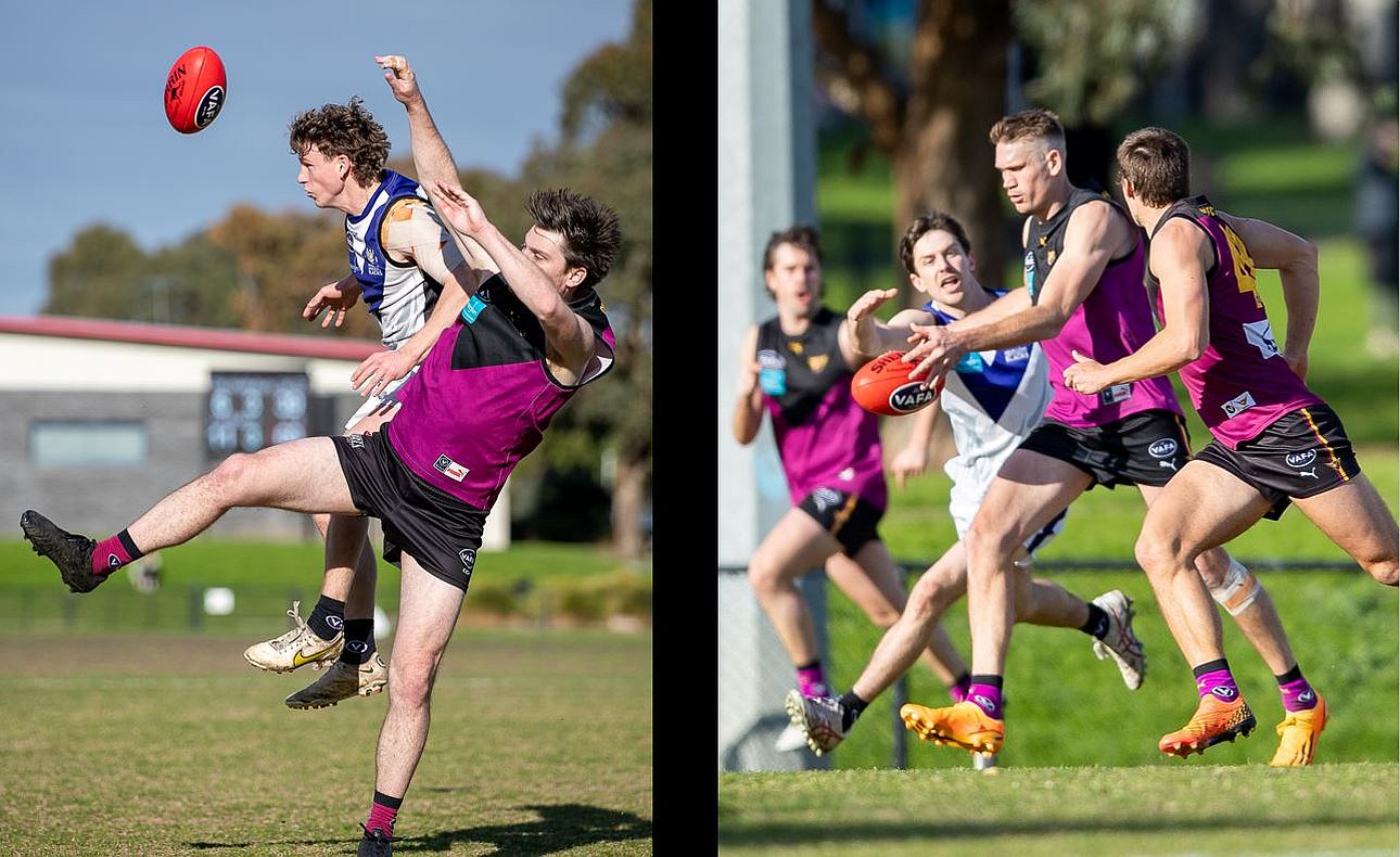 Nick Gooda in a marking contest, Sam Gilbert heads goalwards backed up by Lachie Riley