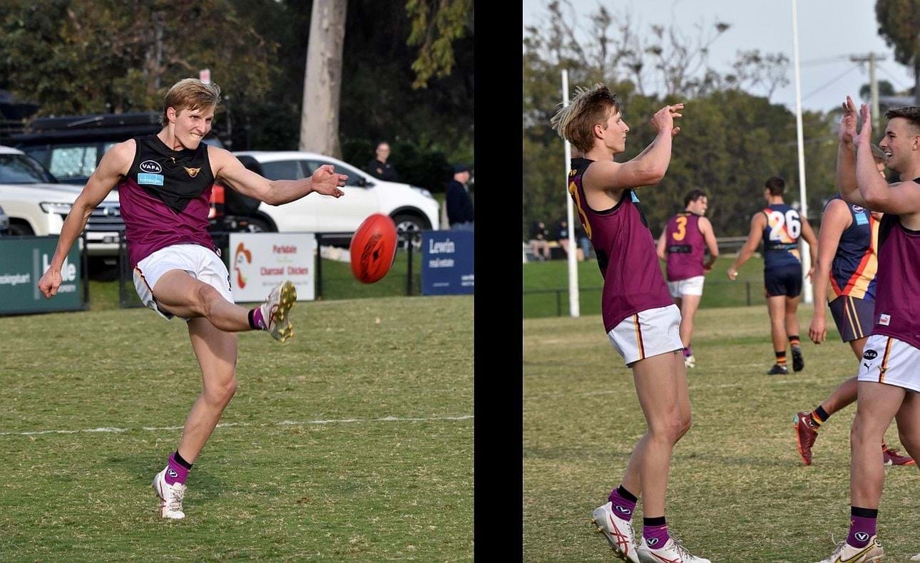 Charlie Harrop kicks one of his four goals and celebrates with Scanlan Lynch