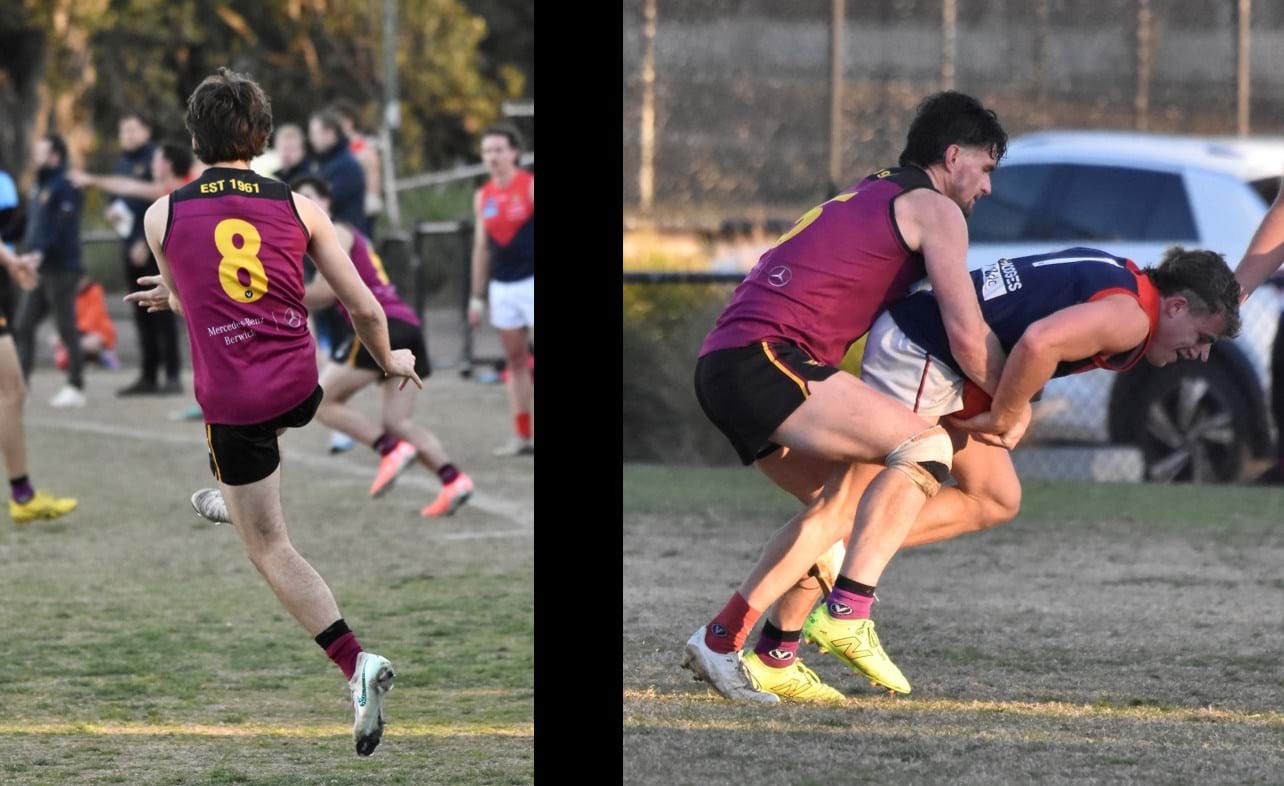 The back of Noah Higgins (8) and another Brede Seccull tackle