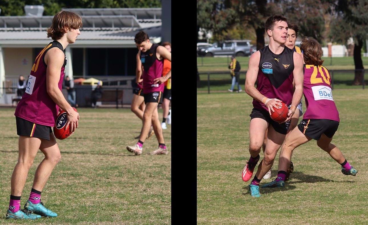 Jack Tuffley (20) prepares for a shot on goal, then shepherds team mate Alex Russell