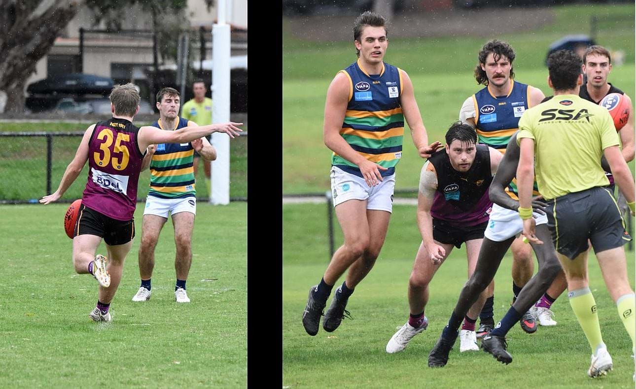 Liam Kirkwood-Scott (35) delivers and veteran Nick Gooda ready to pounce