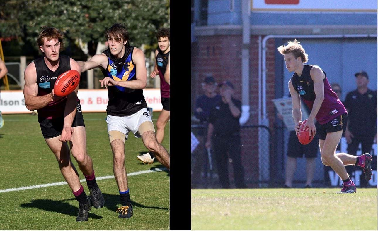 Defender Tom Lynch leads the chase; Luke DiPietrantonio takes his kick while in the background are the blurred images of club greats Roger Paul, Roger Gerny and coach David Connell